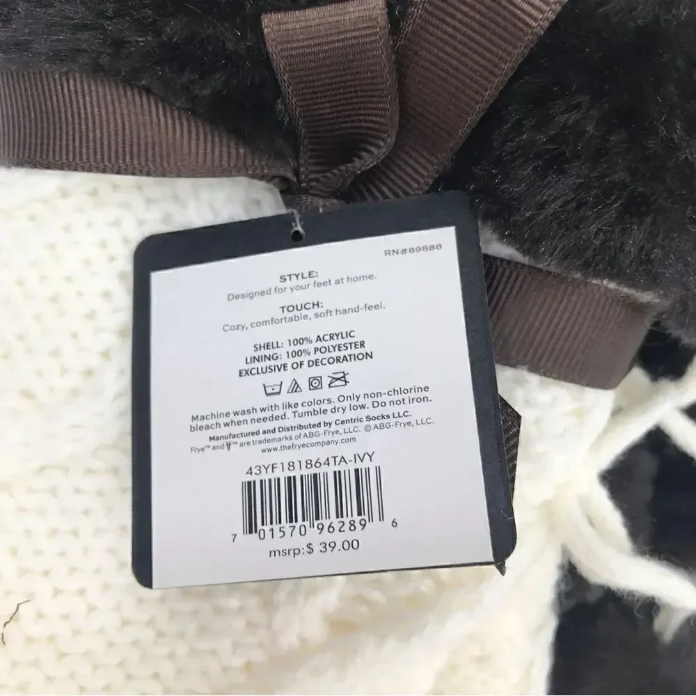 Frye Cream Knit Brown Faux Fur Pompom Trim Cozy Grip Tread Home Socks NEW